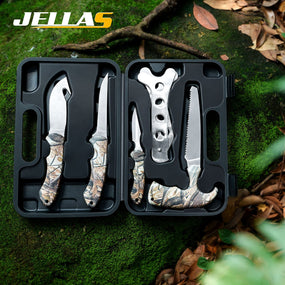 Jellas 10 Pieces Hunting Knife Set, Fixed Blade Knife Hunting Field Dressing Kit, Compact Skinning Knives for Camping Fishing, Portable Survival Kit Camping Tool Set, Camping Gear