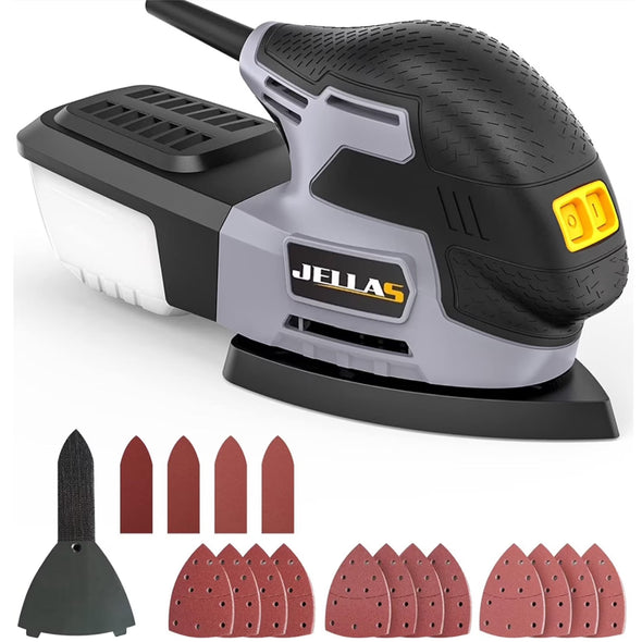 JELLAS Electric Detail Sander, 220W Compact Sander Machine for Wood, 13,000 RPM Sanders with Dust Collection, 16PCS Sandpapers, Finger Sanding Attachment and Sanding Pad Included