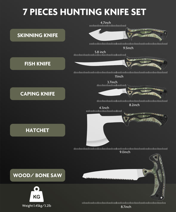 Jellas 10 Pieces Hunting Knife Set, Fixed Blade Knife Hunting Field Dressing Kit, Compact Skinning Knives for Camping Fishing, Portable Survival Kit Camping Tool Set, Camping Gear