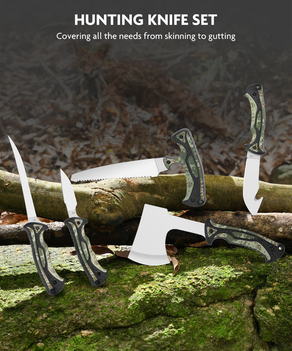 Jellas 10 Pieces Hunting Knife Set, Fixed Blade Knife Hunting Field Dressing Kit, Compact Skinning Knives for Camping Fishing, Portable Survival Kit Camping Tool Set, Camping Gear